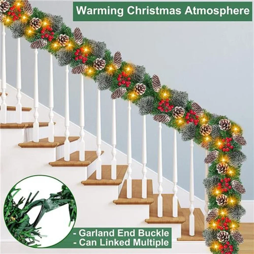 9 Ft 100 Lights Prelit Artificial Christmas Garland Decor 8 Modes 198 Red Berry